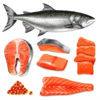 Filetes de salmón pescado crudo y conjunto de iconos de caviar aislado en blanco _ Vector Gratis